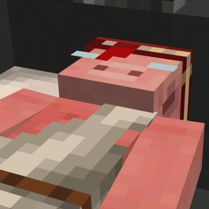 minecraft librarian pig villager sleeping in a bed. its glasses cover the eyes and the tassle from its book hat covers the snout.